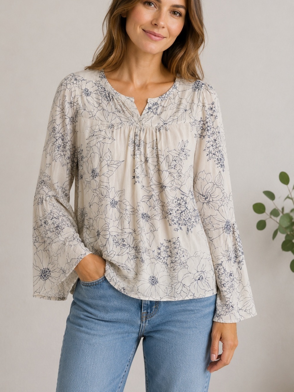 Anthropologie Cloth & Stone Floral Print Bell Sleeve Blouse XL